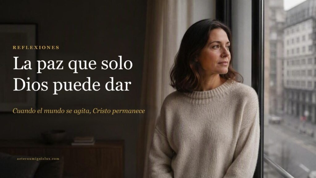 Mujer de pie frente a una ventana observando una calle gris de la ciudad, con expresión serena y pensativa, en un interior moderno con luz natural.