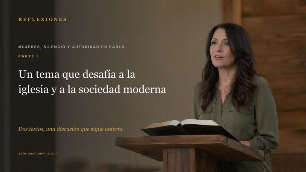 Una mujer adulta habla de pie detrás de un atril de madera, con una Biblia abierta ante ella, en un salón de luz cálida.