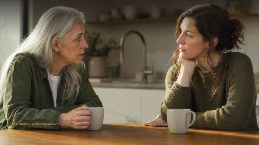 Dos mujeres de distintas generaciones conversan sentadas a la mesa de una cocina moderna, cada una con una taza de café.