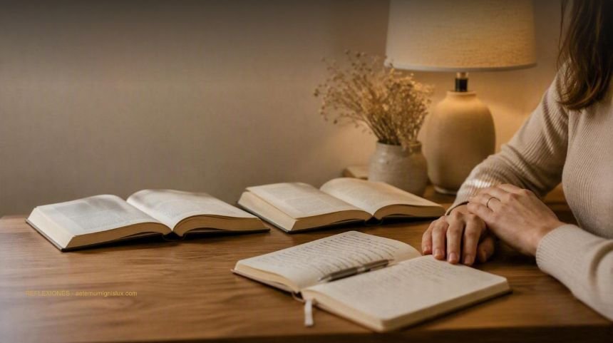 Dos libros abiertos y una libreta con notas manuscritas sobre una mesa de madera, junto a las manos de una mujer.