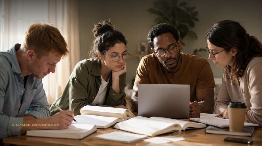 Cuatro adultos, entre ellos dos mujeres, estudian juntos alrededor de una mesa con libros abiertos, libretas y una computadora portátil.
