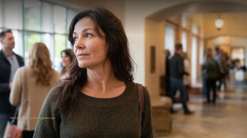 Una mujer adulta permanece pensativa en el vestíbulo iluminado de un templo moderno, con otras personas desenfocadas al fondo.