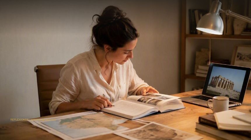Una mujer estudia en un escritorio moderno con un libro abierto, mapas impresos y una computadora que muestra la fotografía de unas ruinas antiguas.