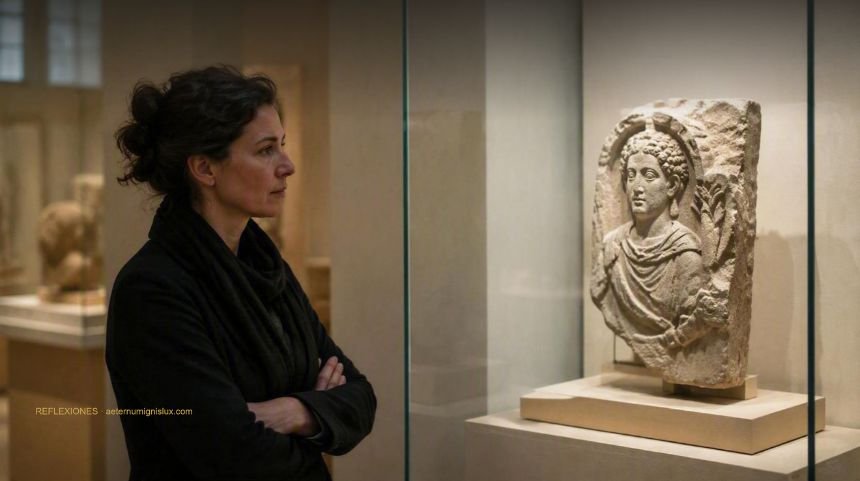 Una persona adulta observa una pieza de piedra antigua dentro de una vitrina en la sala de un museo moderno.