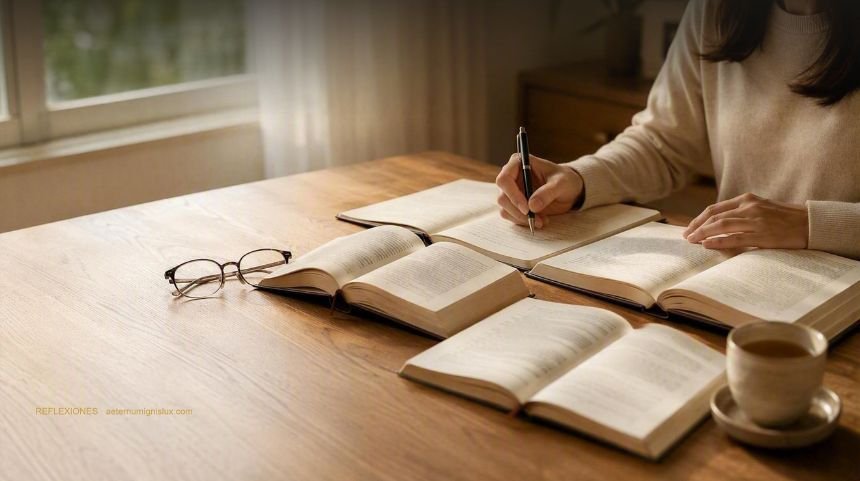 Varios libros y cuadernos abiertos sobre una mesa de estudio, con una persona tomando notas a mano mientras compara las fuentes.
