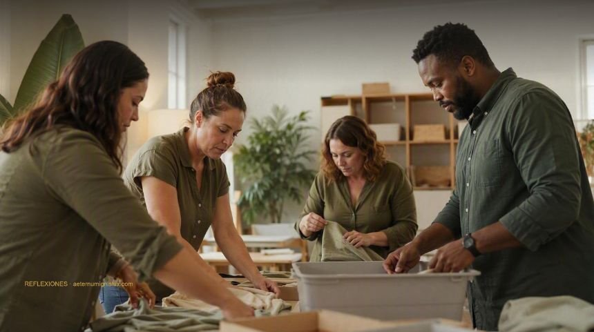 Tres mujeres y un hombre trabajan juntos organizando materiales y coordinando tareas en una sala comunitaria moderna.