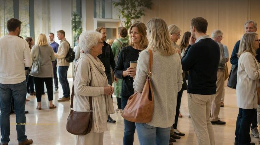 Personas de distintas edades conversan en pequeños grupos en el vestíbulo luminoso de un edificio moderno después de una reunión.