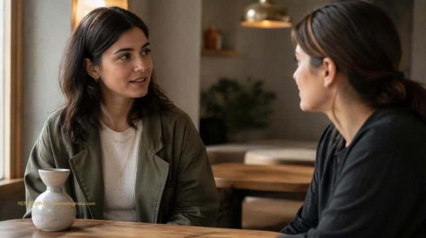 Dos adultos conversando frente a frente en la mesa de una cafetería, uno gesticulando mientras habla y el otro escuchando con atención.