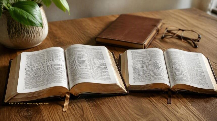 Dos Biblias abiertas una junto a la otra sobre una mesa de madera, con las manos de una persona entre ambas, una libreta y unos lentes de lectura al lado.