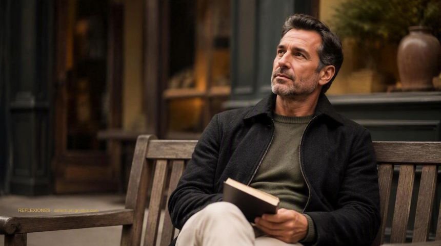 Hombre adulto sentado en un banco de una calle de la ciudad por la tarde, con un libro en las manos y la mirada levantada.