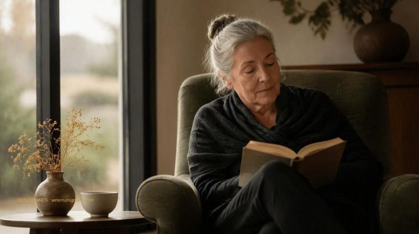 Mujer mayor sentada en un sillón junto a una ventana amplia por la tarde, leyendo sin prisa con una taza en la mesa lateral.